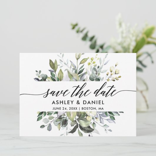 Modern Elegant Calligraphy Waterverf Greenery Save The Date (Staand voorkant)