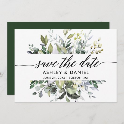 Modern Elegant Calligraphy Waterverf Greenery Save The Date (Voorkant / Achterkant)