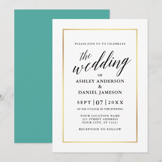 Modern Elegant Calligraphy Wedding Blauwgroen Gold Kaart (Voorkant / Achterkant)