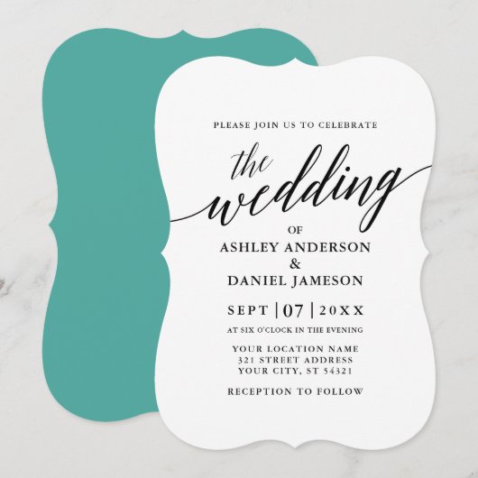 Modern Elegant Calligraphy Wedding Blauwgroen Kaart (Voorkant / Achterkant)