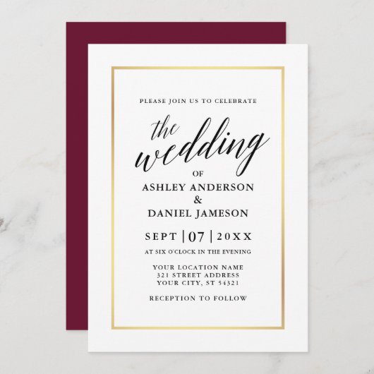Modern Elegant Calligraphy Wedding Burgundy Gold Kaart (Voorkant / Achterkant)