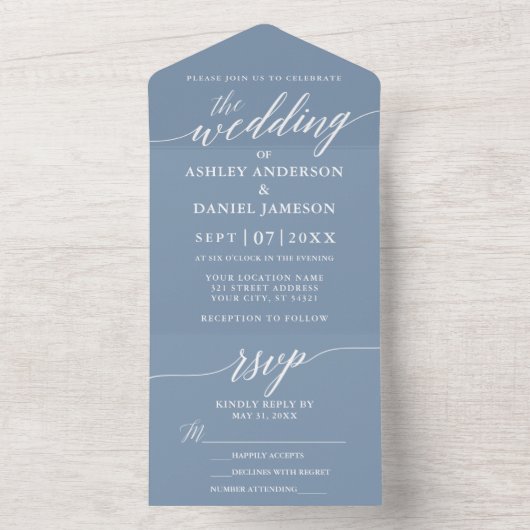 Modern Elegant Calligraphy Wedding Dusty Blue All In One Uitnodiging (Binnen)