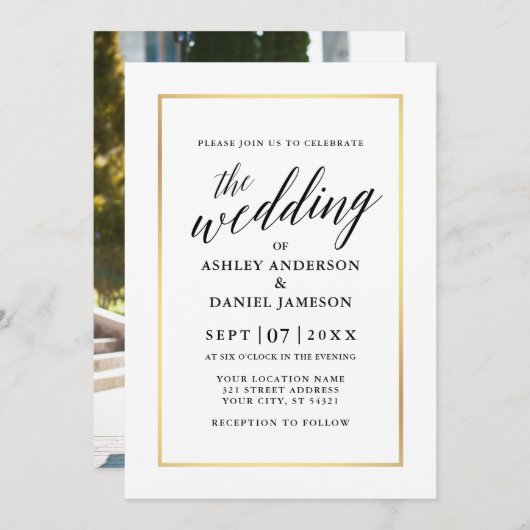 Modern Elegant Calligraphy Wedding Gold Photo Back Kaart (Voorkant / Achterkant)