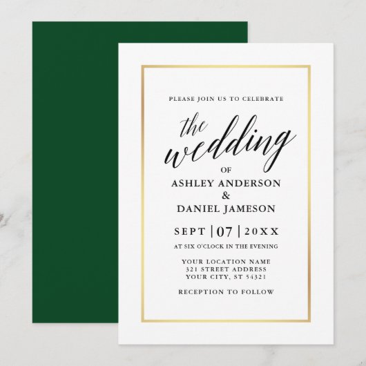 Modern Elegant Calligraphy Wedding Green Gold Kaart (Voorkant / Achterkant)