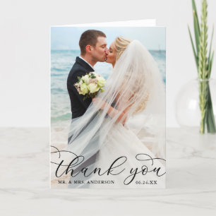 Modern Elegant Calligraphy Wedding Photo Fold B Bedankkaart