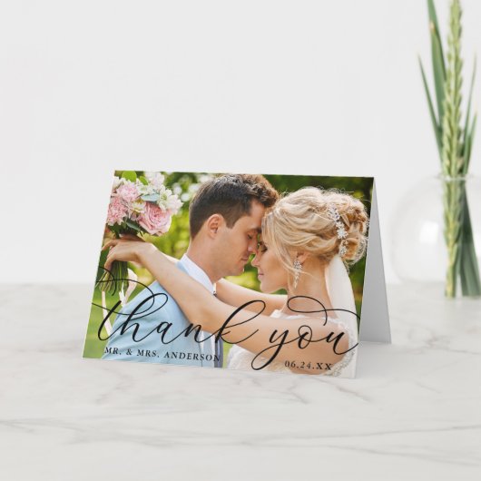 Modern Elegant Calligraphy Wedding Photo Fold Bedankkaart (Voorkant)