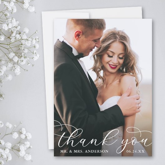Modern Elegant Calligraphy Wedding Photo W Bedankkaart