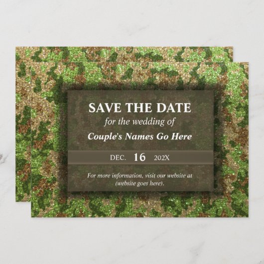 Modern Elegant Camouflage Glitter Army Verloving Save The Date (Voorkant / Achterkant)