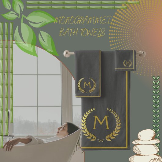 Modern Elegant Charcoal Gold Chic Monogramed Bad Handdoek