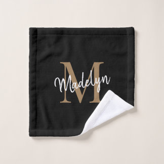 Modern Elegant Chic Black Gold Monogram script Washandje