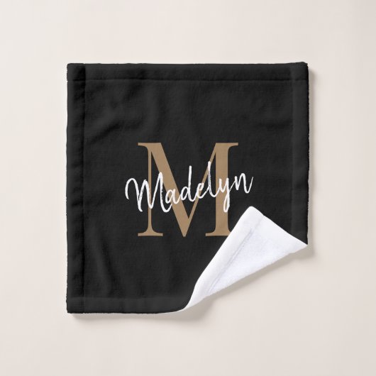 Modern Elegant Chic Black Gold Monogram script Washandje (Wasdoekje)