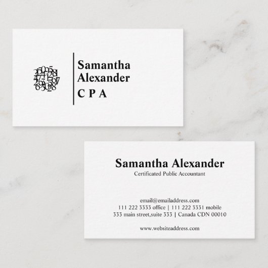 Modern Elegant Chic Numbers Logo Accountant Visitekaartje (Voorkant / Achterkant)