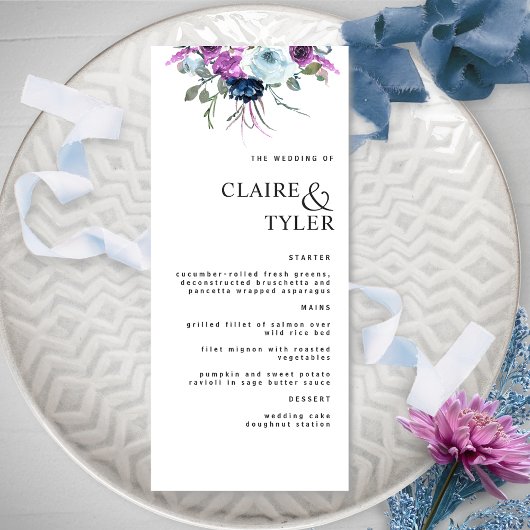 Modern Elegant Chic Paars en Blue Floral Wedding Menu