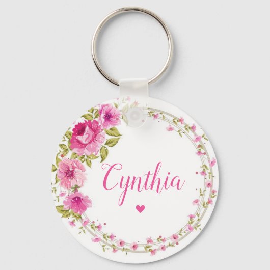 Modern Elegant Chic Pink Floral Girly Monogram Sleutelhanger (Voorkant)