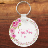 Modern Elegant Chic Pink Floral Girly Monogram Sleutelhanger (Voorkant)