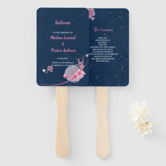 Modern elegant chic roze floral Wedding Programme Handwaaier (Voorkant en achterkant)