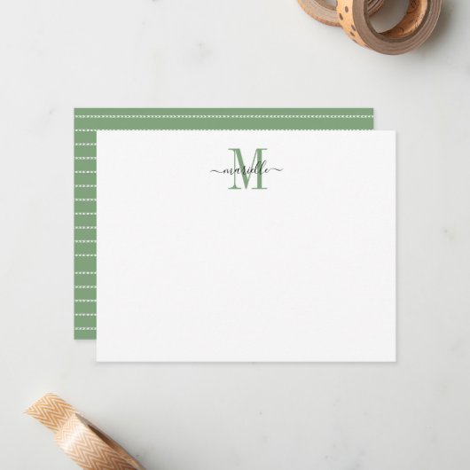 Modern Elegant Chic Script Monogram Groen Notitiekaartje (Voorkant / Achterkant in situ)