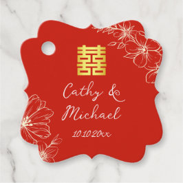 Modern elegant Chinees bruiloft floral script rood Bedankjes Labels