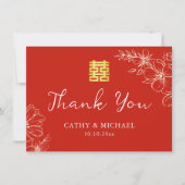 Modern elegant Chinees bruiloft floral script rood Bedankkaart (Voorkant)