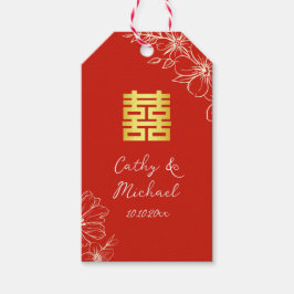 Modern elegant Chinees bruiloft floral script rood Cadeaulabel