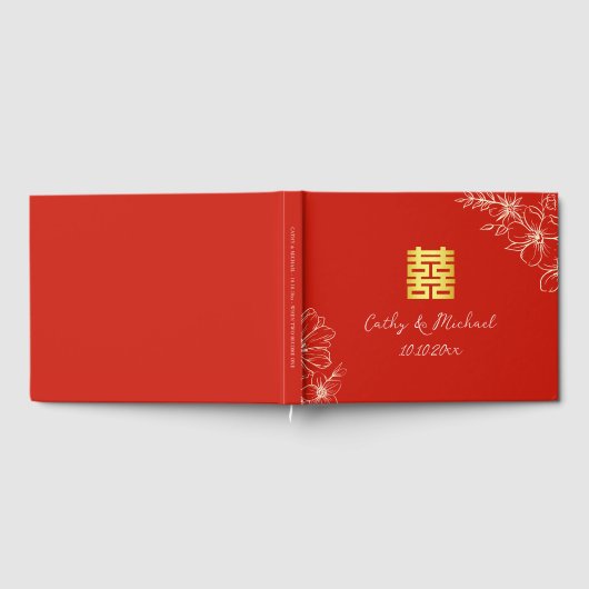 Modern elegant Chinees bruiloft floral script rood Gastenboek (Volledig)
