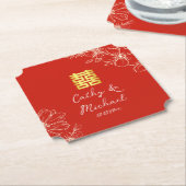 Modern elegant Chinees bruiloft floral script rood Kartonnen Onderzetters (Gekanteld)