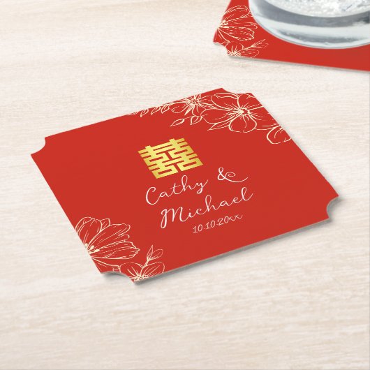 Modern elegant Chinees bruiloft floral script rood Kartonnen Onderzetters (Gekanteld)