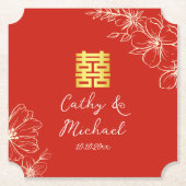 Modern elegant Chinees bruiloft floral script rood Kartonnen Onderzetters (Voorkant)