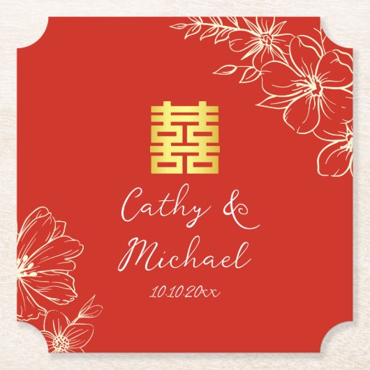 Modern elegant Chinees bruiloft floral script rood Kartonnen Onderzetters (Voorkant)
