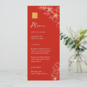 Modern elegant Chinees bruiloft floral script rood Menu (Staand voorkant)