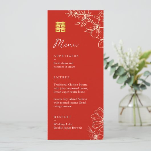 Modern elegant Chinees bruiloft floral script rood Menu (Staand voorkant)