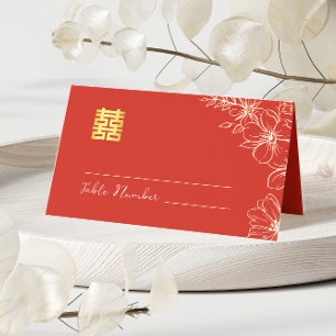 Modern elegant Chinees bruiloft floral script rood Plaatskaartje