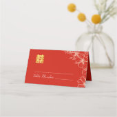 Modern elegant Chinees bruiloft floral script rood Plaatskaartje (Voorkant)