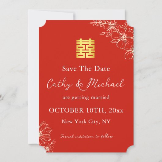Modern elegant Chinees bruiloft floral script rood Save The Date (Voorkant)