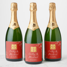 Modern elegant Chinees bruiloft floral script rood Sparkling Wijnetiket