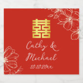 Modern elegant Chinees bruiloft floral script rood Sparkling Wijnetiket (Enkel label)