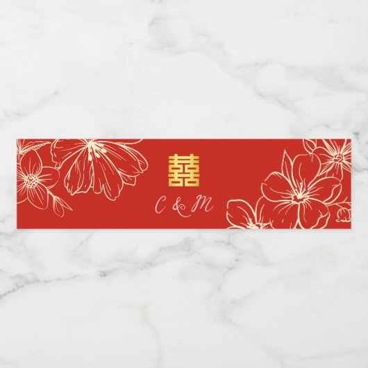 Modern elegant Chinees bruiloft floral script rood Waterfles Etiket (Enkel label)