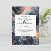 Modern Elegant Chique Navy Blauw & Perzik Marmer Kaart (Staand voorkant)