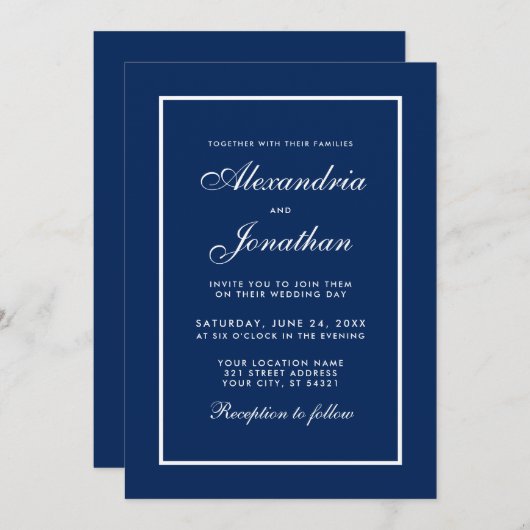 Modern Elegant Classic Blue Wedding Invitation Kaart (Voorkant / Achterkant)