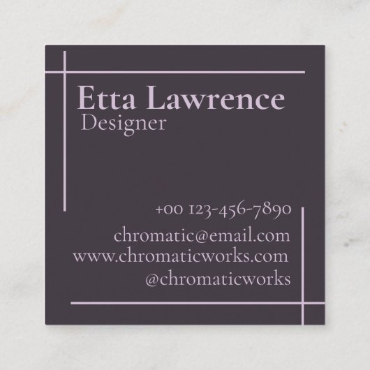 Modern Elegant Clean Butterfly Line Paarse Marmer Vierkante Visitekaartje (Achterkant)