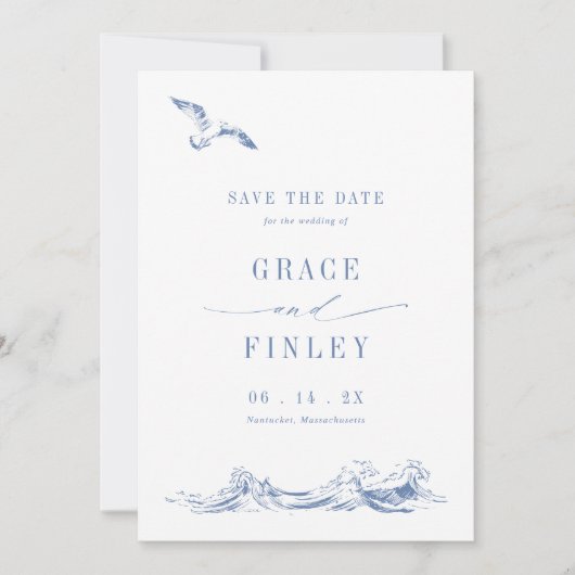 Modern Elegant Coastal Chic Blue Wedding Photo Save The Date (Voorkant)