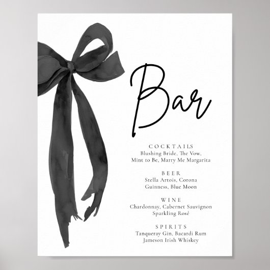 Modern Elegant Coquette Zwart Bow Het Bar Sign Poster (Voorkant)