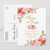 Modern Elegant Coral Floral Gold Save the Date Aankondigingskaart (Voorkant / Achterkant)