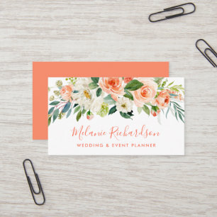 Modern Elegant Coral Floral Greenery Visitekaartje