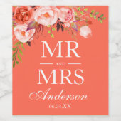Modern Elegant Coral Floral Mr. en Mrs Wedding Wijn Etiket (Enkel label)