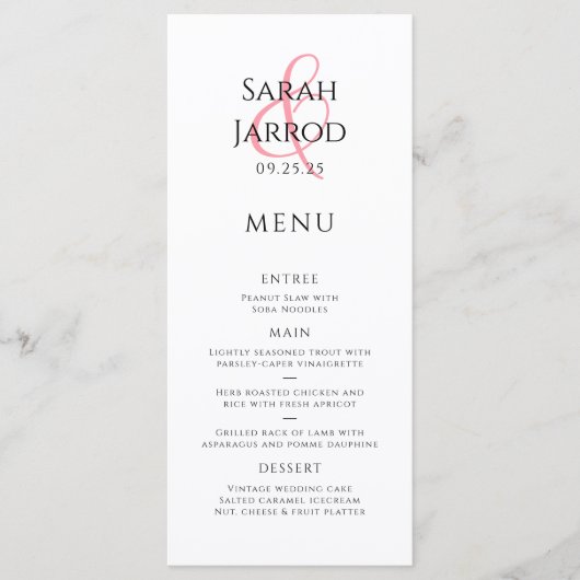 Modern Elegant Coral Pink Wedding Menu (Voorkant)