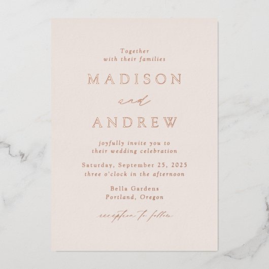 Modern Elegant Cream and Roos Gold Wedding Folie Uitnodiging (Voorkant)