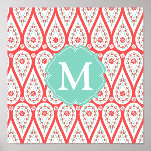 Modern Elegant Damask Coral Paisley Personalized Poster (Voorkant)