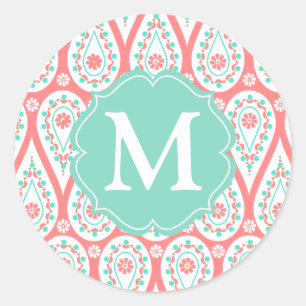 Modern Elegant Damask Coral Paisley Personalized Ronde Sticker