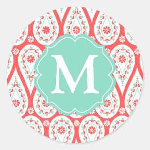 Modern Elegant Damask Coral Paisley Personalized Ronde Sticker